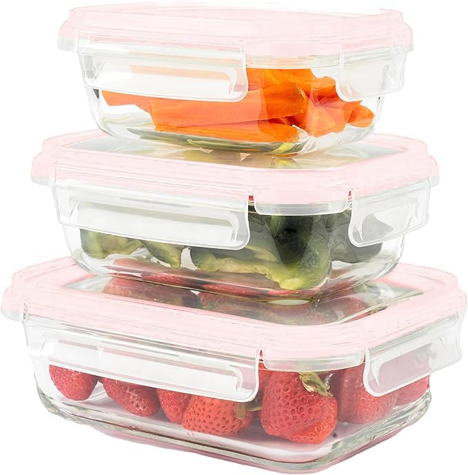 XPY-V9 Air Tight Glass Container Microwavable Glass Containers With Pink Lid Food Storage For Flour, Sugar, Coffee, Teabags, Pasta, Snacks And Various Dried (Set Of 3) (Pink)