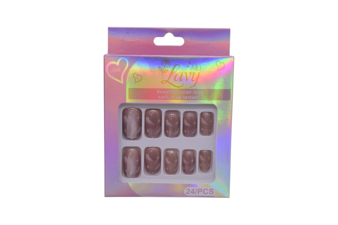 Lavy Cat-Eye Effect with Star & Cloud Design Press-On Mink Nails 24-Piece Set - Rose