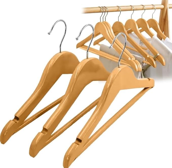 Wooden Suit Hanger, Hangers for clothes, Hangers with Shoulder Notches with Non Slip Pants Bar, Wooden Coat Hangers (Brown 3 pcs)