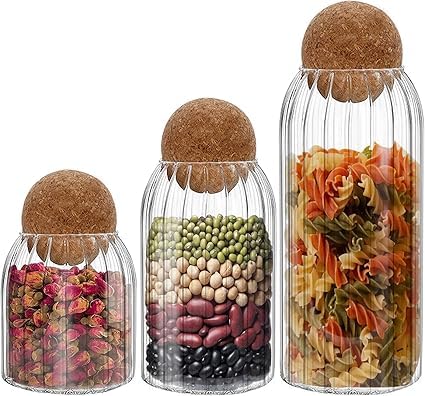 Glass Storage Jars with Cork Lids Set of 3, Polygon, 17oz, 24oz, 41oz