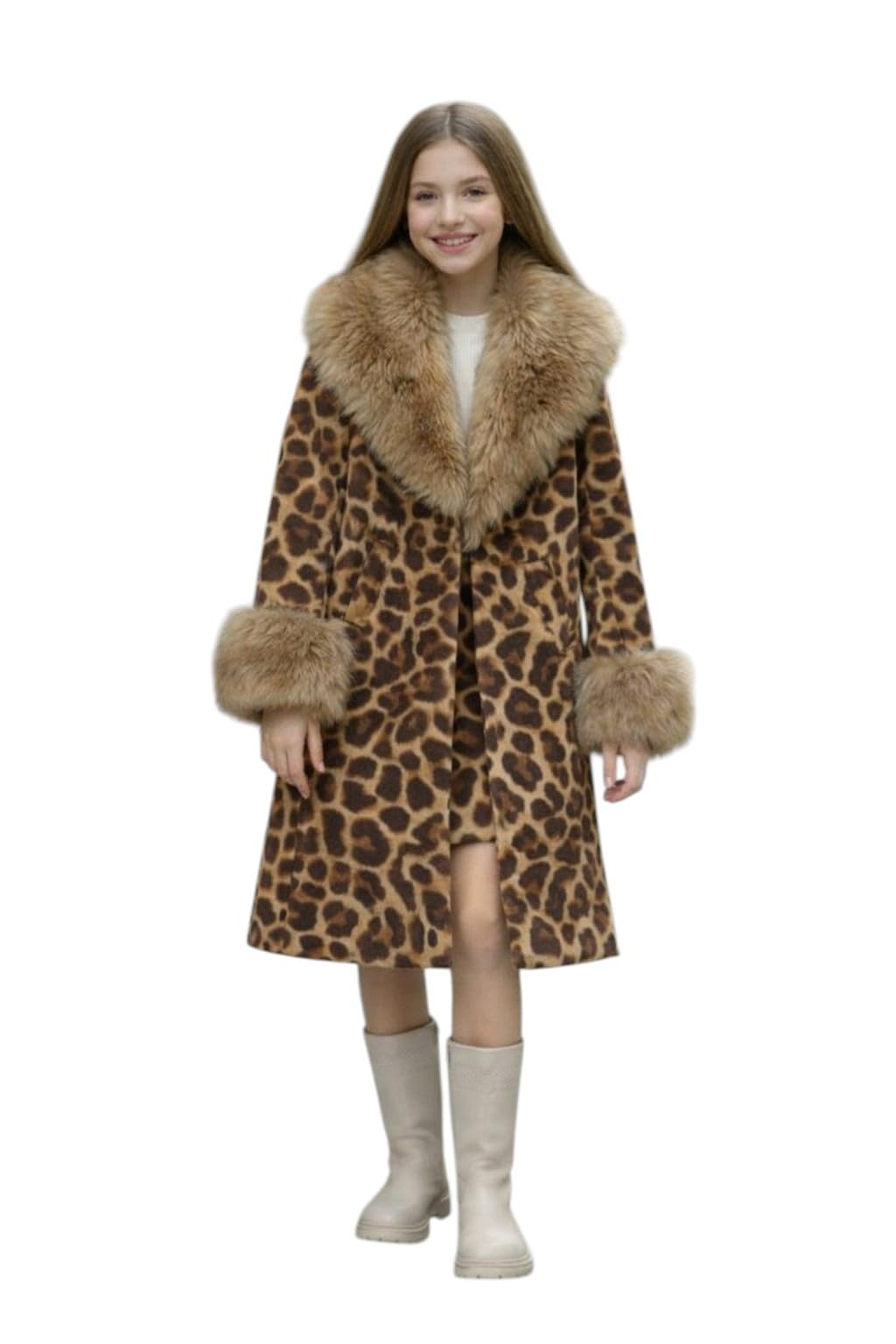 MEZA Girls 3 Pieces Set, Leopard Printed Suede Coat with Fur, Cotton Derby Striped Top, Skirt, Sizes 6-14 Years