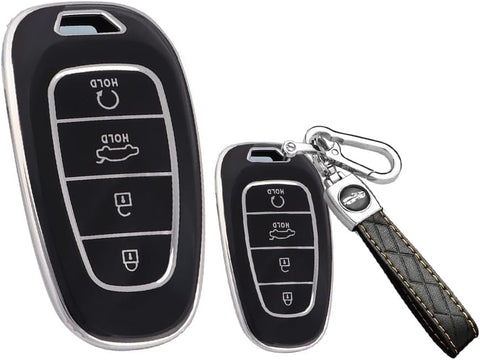 Key Fob Cover Compatible with Hyundai Tucson Sonata Santa Fe 4 Buttons Silver Ended Key Fob Cover with Leather Medallion Keyless Entry Black