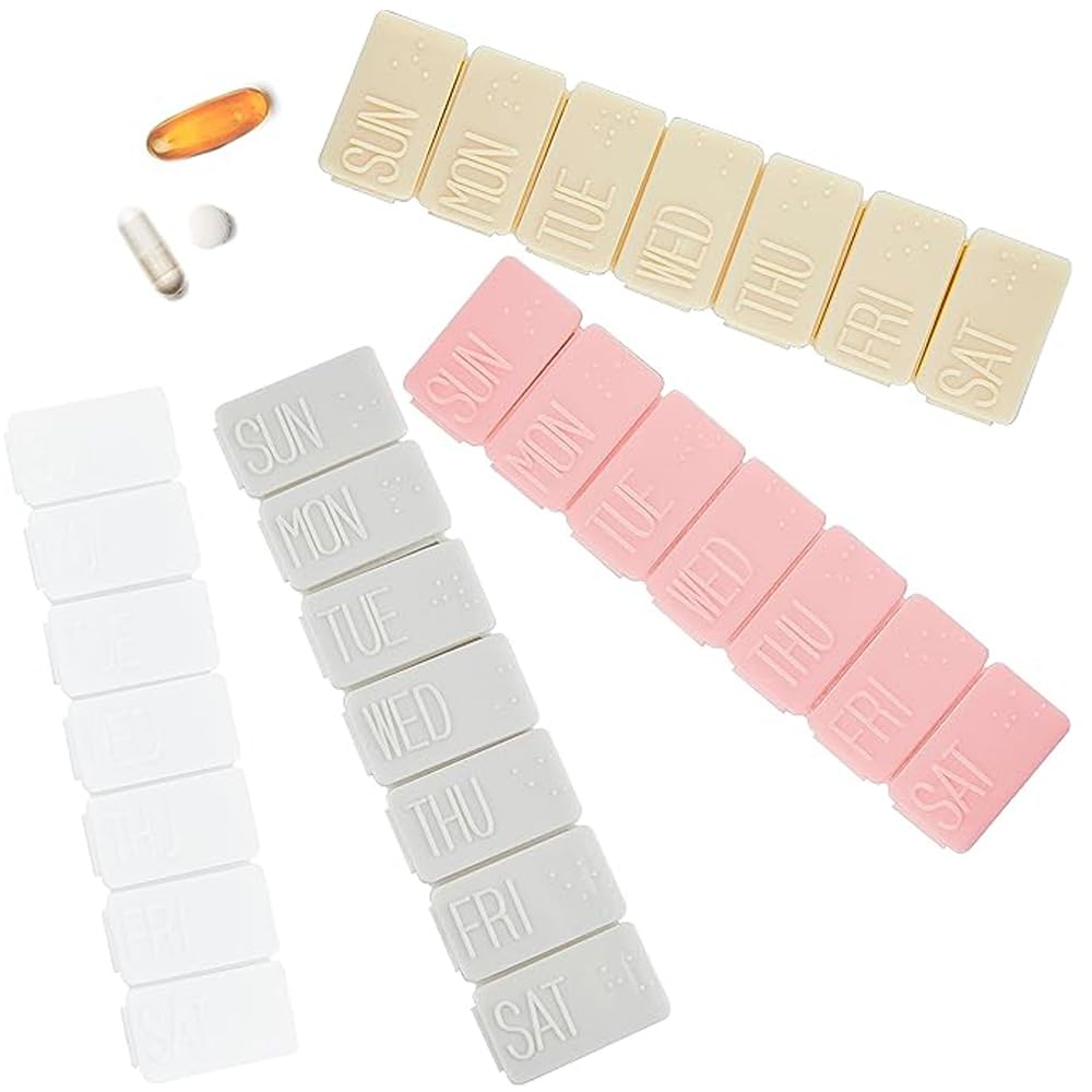 Oasisgalore 4Pack Weekly Pill Organizer, 28 Compartments, Small 7 Days Pill Cases Travel Daily Pill Box for Fish Oil, Calcium Tablets Supplements and Other Vitamin Pills