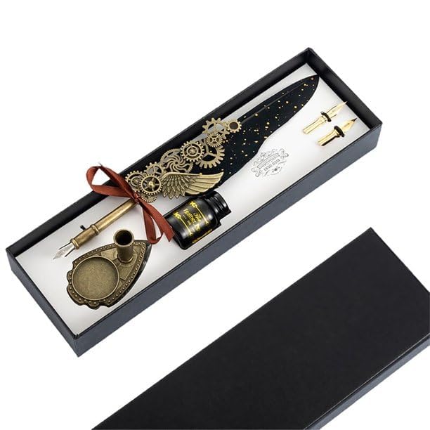 Judee Feather Pen and Ink Set, Mechanic Style Quill Calligraphy Pen with Blue or Black Ink, 2 Replacement Nibs and Pen Holder, Vintage Signature Fountain Pen Dip Pen Gift Set