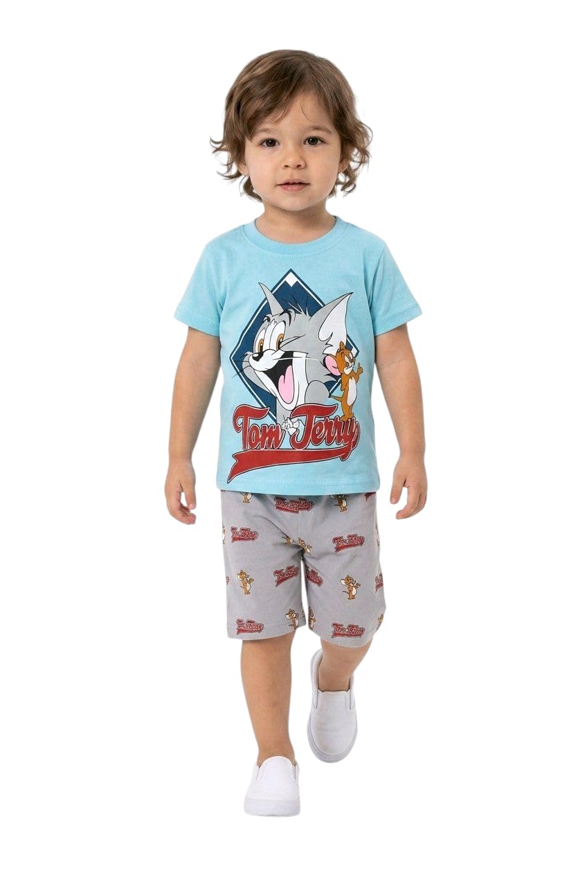 Zona Kids Boys Summer Pajama Set – 2 Piece Cat and Mouse T-Shirt and Shorts – Soft 100% Cotton Casual Toddler & Little Boys Clothes