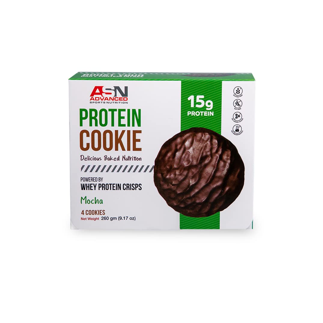 ASN Advanced sports nutrition (asn) | advanced protein cookies | mocha | 4 cookies | 15g protein | dark chocolate dipped | healthy treat | no added sugar | gluten-free | soy-free | no preservatives
