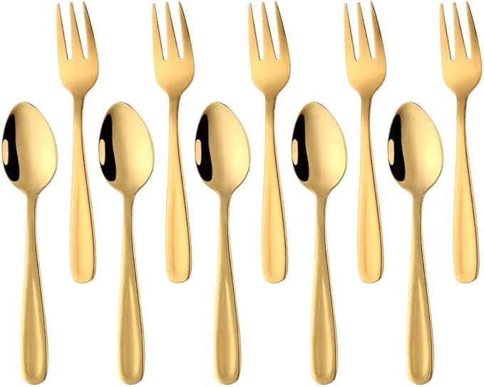Stainless Steel Espresso Spoon, Small Cake Forks Set, Espresso Spoon, Gold Dessert Forks Set, Fruit Forks, Coffee Spoons, 136 mm Length, Pack of 10, Reusable Gold
