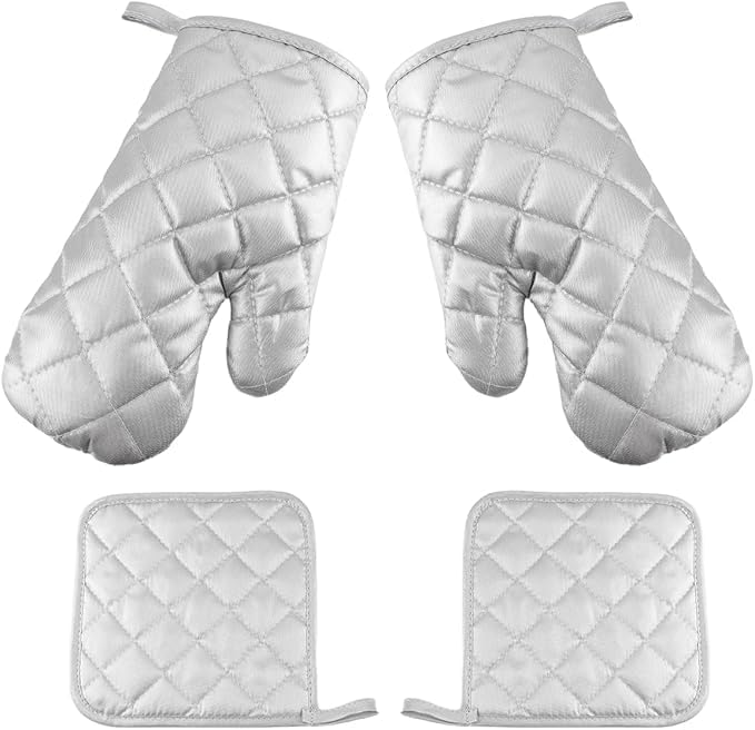 Fullora 4 Pieces Oven Mitts with Pot Holders, Heat Resistant Microwave Mitts, Cotton Kitchen Gloves for Baking, Cooking, BBQ, Adults, Silver