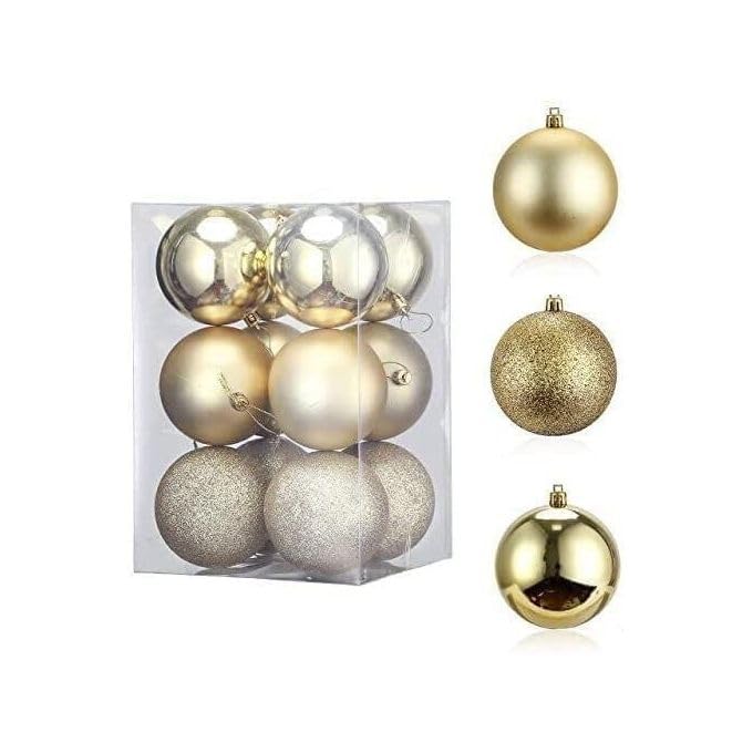 Christmas Tree Ornament Balls 6cm 12pcs Assorted Shiny Beautiful Eye-catching Balls for All Festivals (Gold)