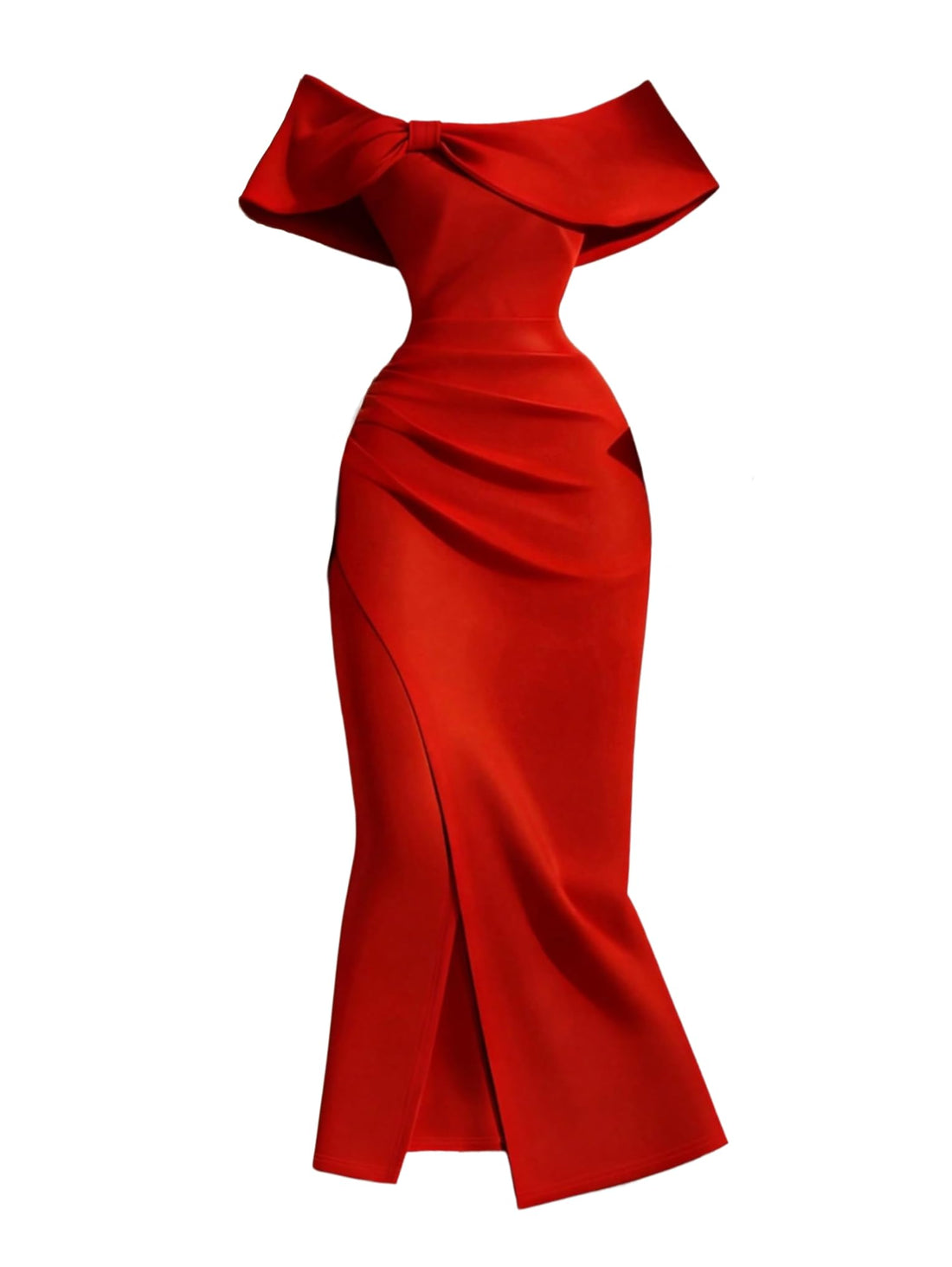 SHEIN Women Dress - Red Off-Shoulder Midi Gown with High Slit Hem - Elegant Fitted Party Dress for Wedding, Engagement, and Birthday - Sleeveless Ruched Cocktail Dress with Bow Detail