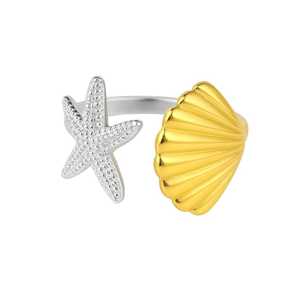 Starfish and Seashell Ring for Women Adjustable Open Band, Silver and Gold Beach Inspired Statement Jewelry