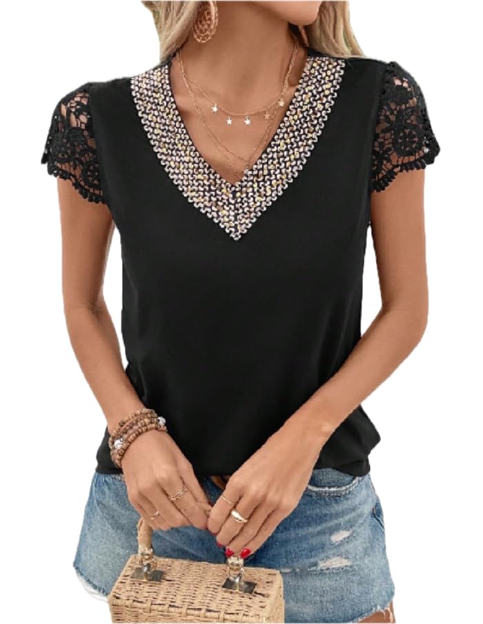 Women's Lace Short Sleeve Top, V-Neck with Rhinestone Detail, Black