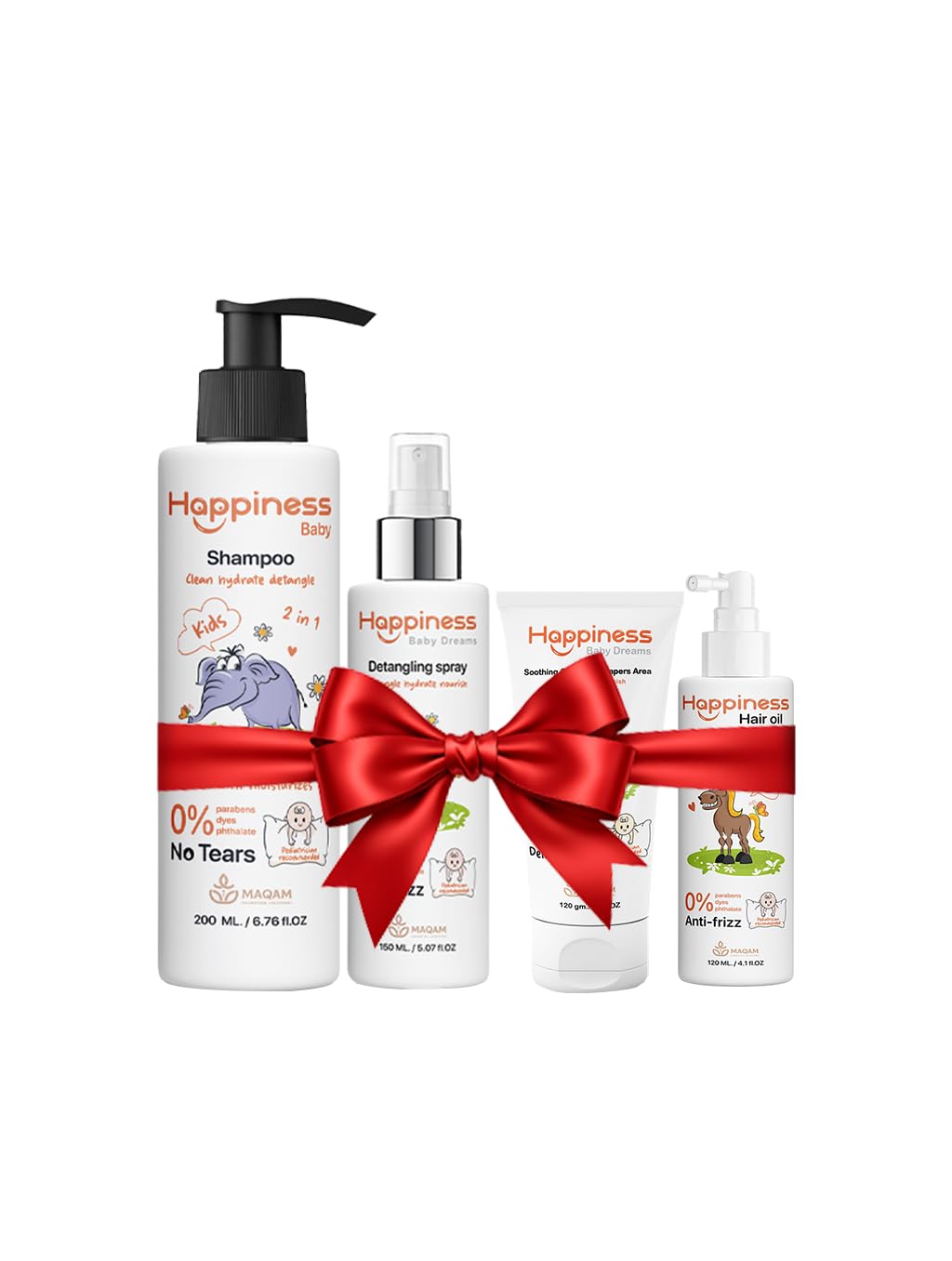 Happiness Baby Hair Care Gift Set, Kids 2-in-1 Shampoo, Detangling Spray, Hair Cream and Oil, No Tears, Anti-Frizz