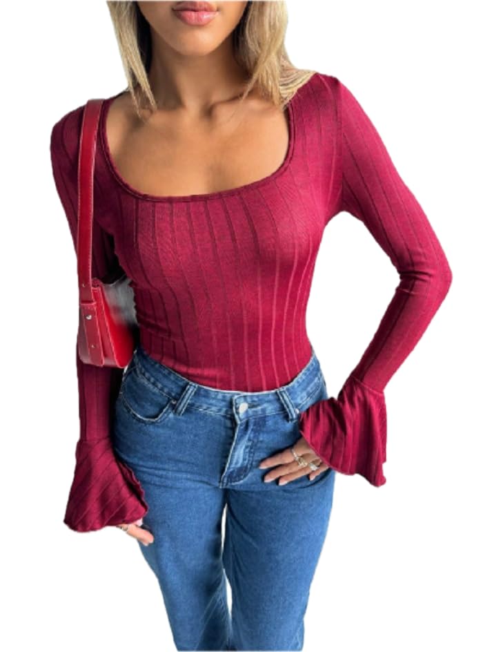 Essnce Square Neck Ribbed Top, Flare Long Sleeve, Red, High Stretch