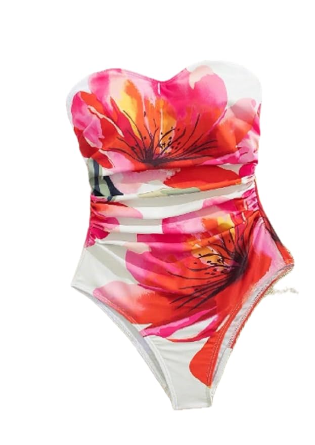 Floral Print One-Piece Swimsuit, Spaghetti Strap, High Stretch, Ruched Design, Multicolour