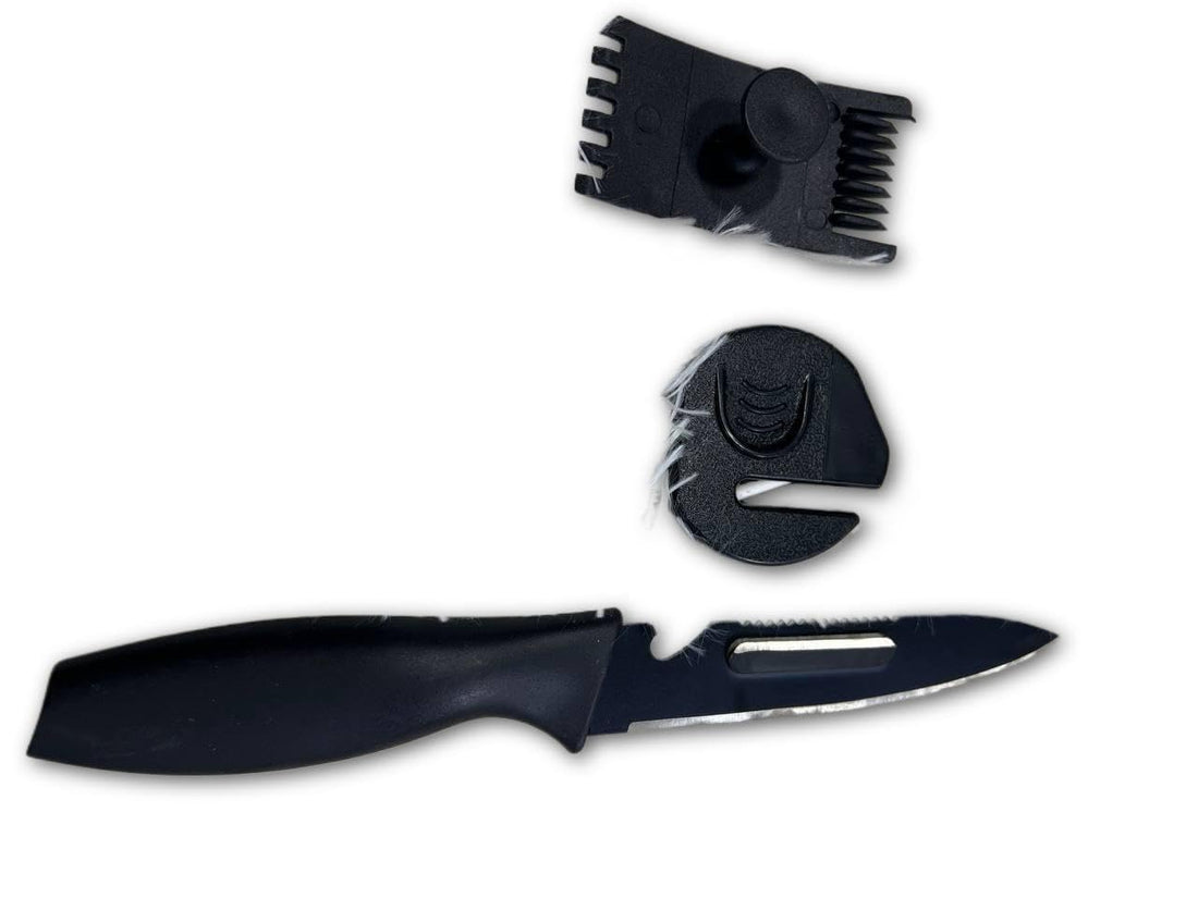 Utility Knife - Rugged steel blade with peeling, sharpening, and safety features. Protects hands while ensuring sharp cuts. Presented on a premium card for easy gifting. An excellent choice for those