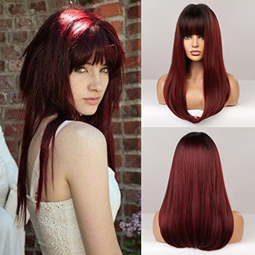 ECIF Long Straight Red Wigs With Bangs Natural Heat Resistant Synthetic Wig For Women Daily Party Fancy Dress Cosplay Ladies Wig