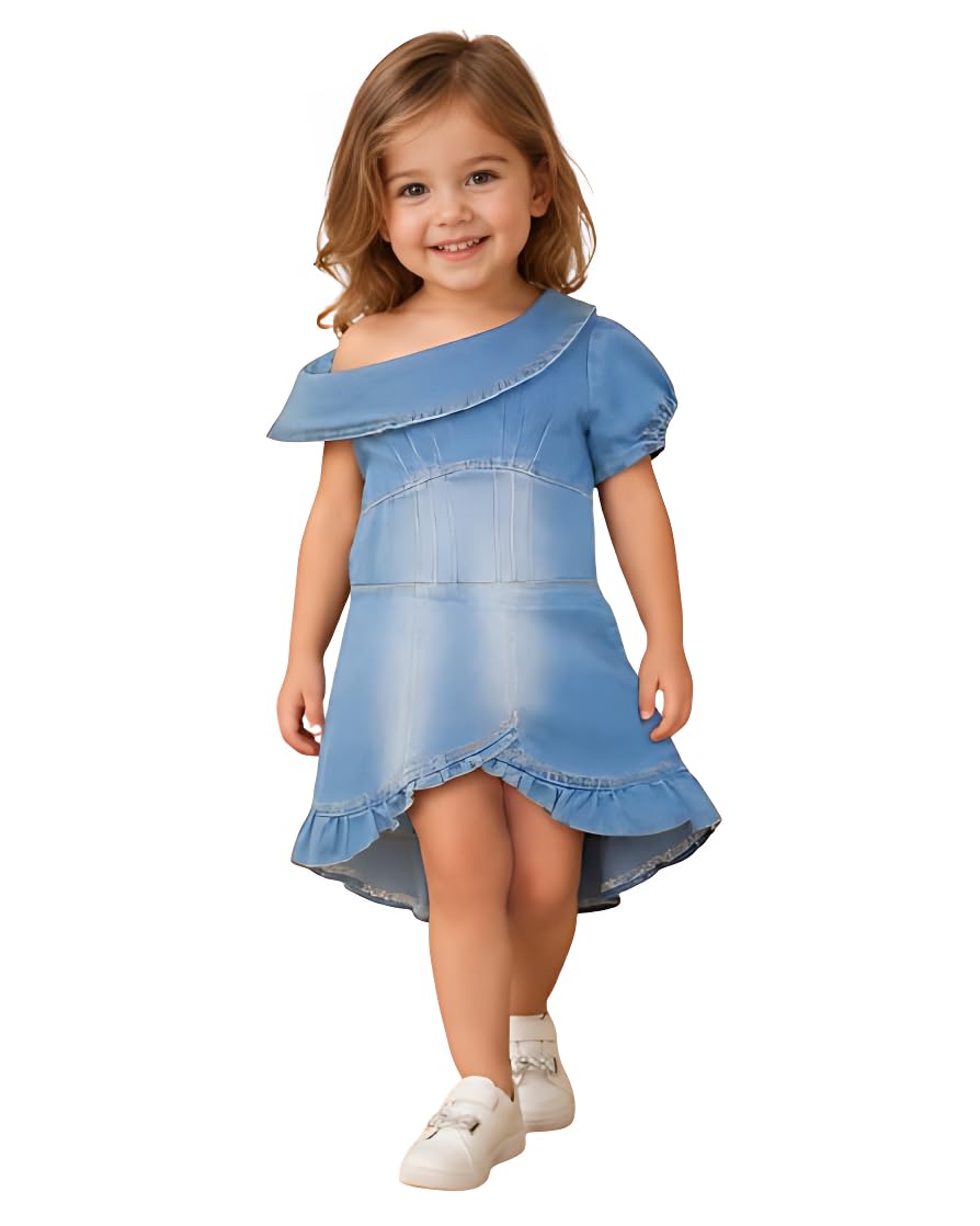 Girls One Shoulder Cold Shoulder Short Puff Sleeve Ruffle Hem Denim Dress Hi-Lo