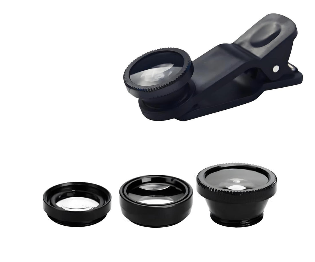 3 in 1 Universal Phone Camera Lens Kit - Clip-On Adapter with Fish Eye, Wide Angle and Macro Lens - Compact and Black for All Smartphones