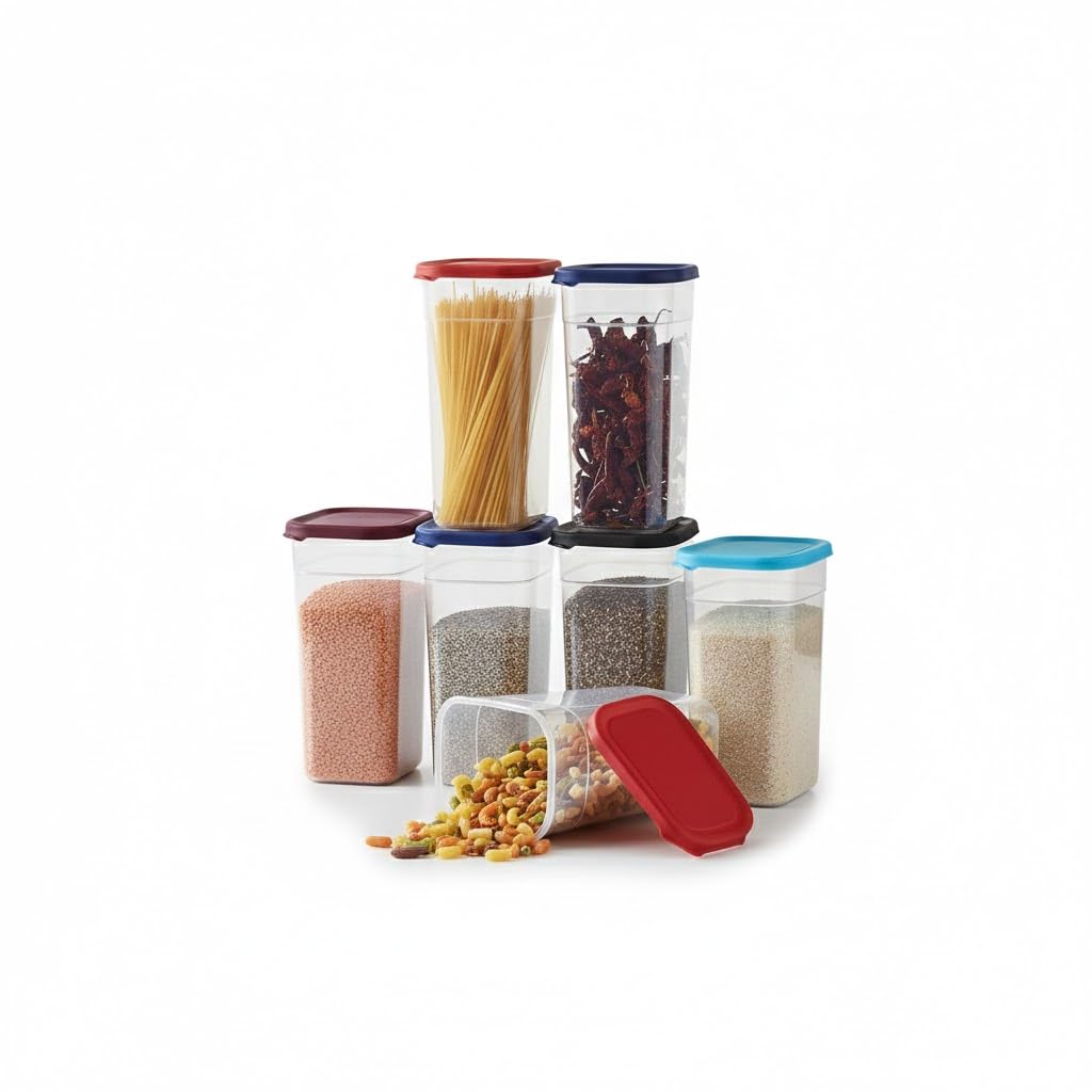 Plastic Kitchen Storage Container, Set of 6, Clear, 2.5L, Multi Color Lids, Ideal for Storing Pasta, Cereal, Dry Foods, Airtight