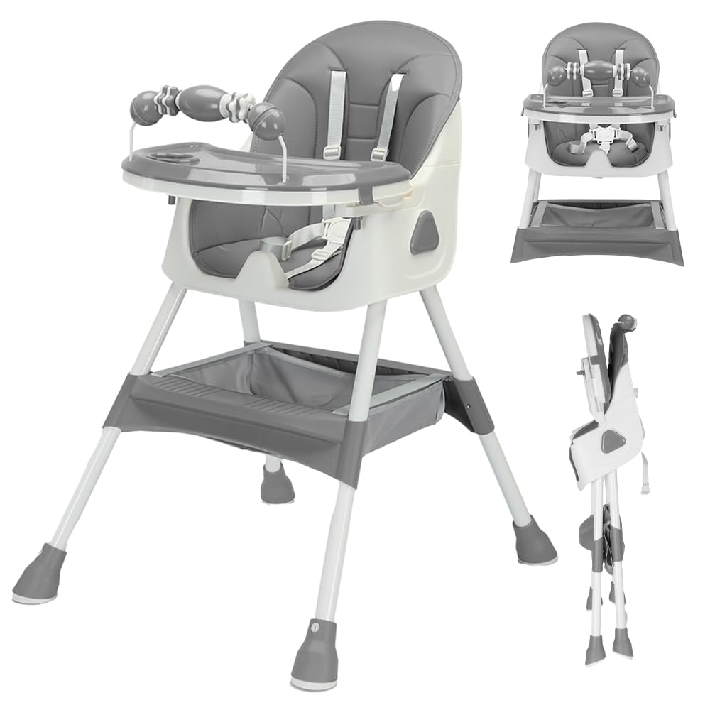 UBRAVOO 3 in 1 Baby High Chair, Foldable Portable High Chair for Eating and Playing, Convertible High Chair with Double Layer Dinner Plate and Toy Stand