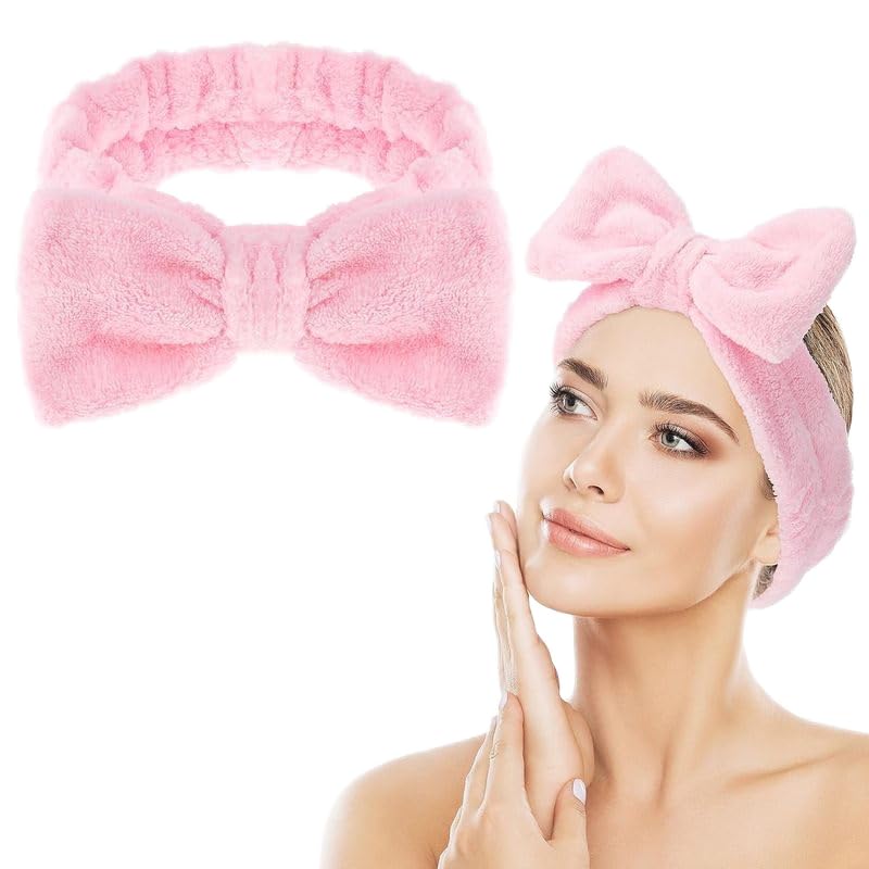 Spa Headband, Microfiber Bow Tie Headband for Face Washing, Skincare, Makeup, Sports, Elastic Hair Band for Women and Girls (Light Pink, One Size)