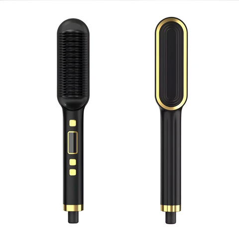 2 in 1 Electric Hair Straightener Brush Negative Ion Professional with Lcd Display Straightener Tool for Coarse and Curly Hair (Red)