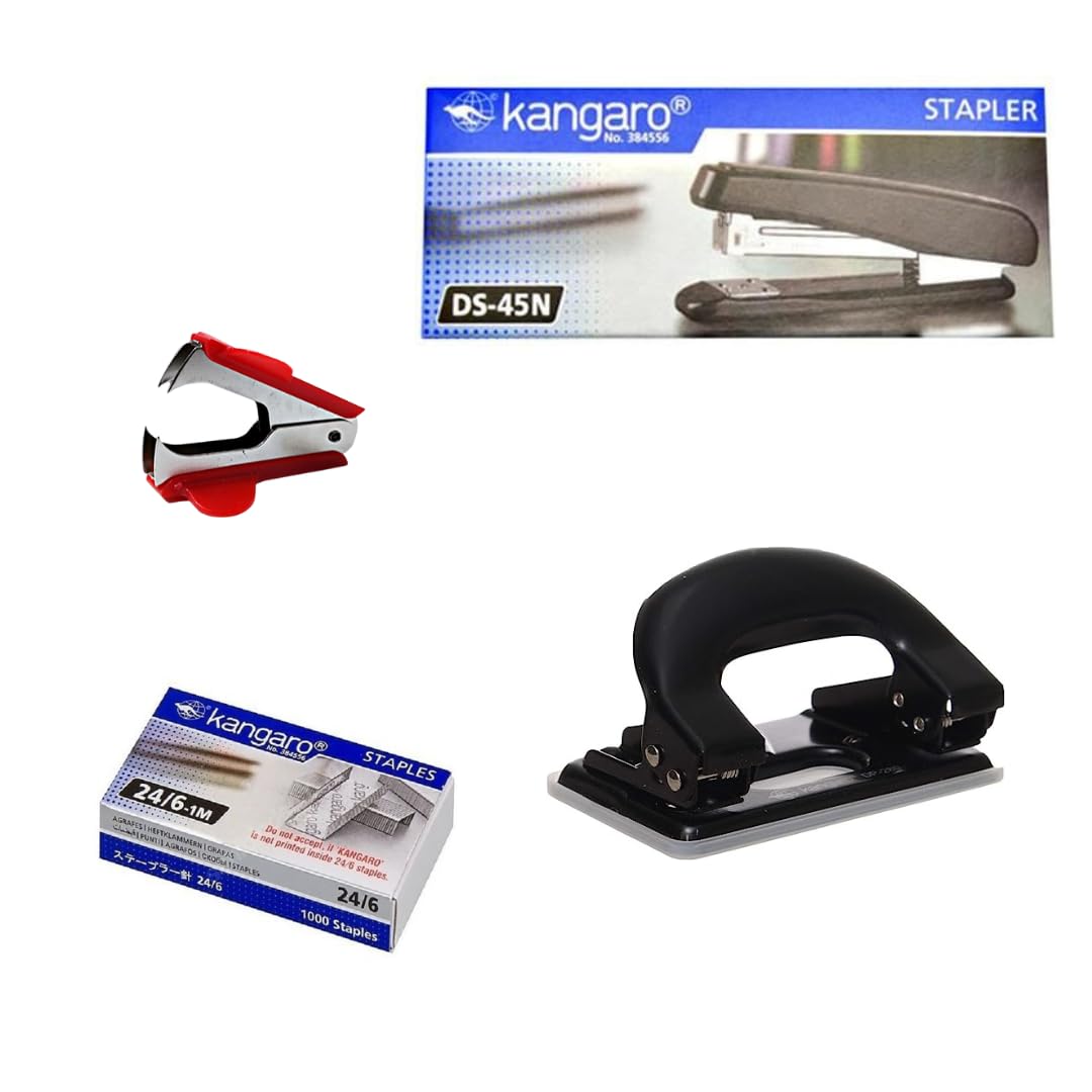 Bundle of Kangaro Stapler Model DS45N Blue + Staple Remover + DP280 Puncher Black + Box of 1000 Kangaro Staples