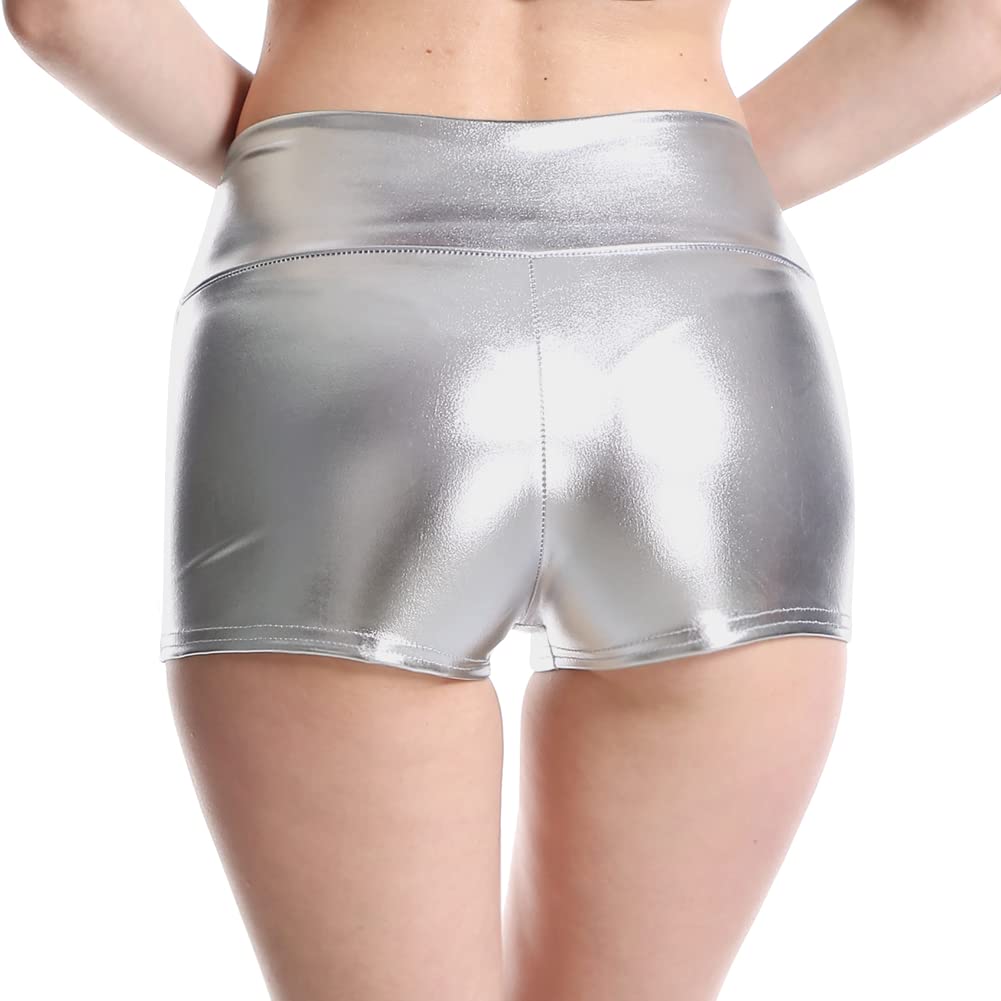 PrettyGuide Women's Shiny Metallic Shorts High Waist Rave Disco Booty Dance Bottoms Hot Pants