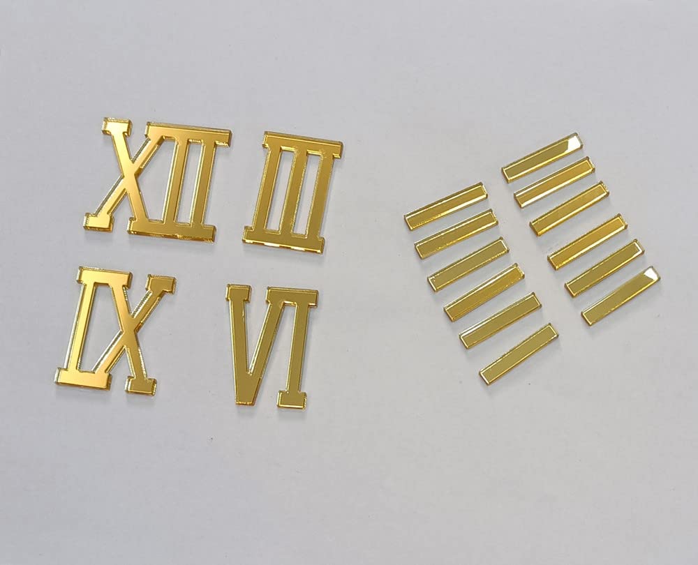 Yuxuanish Bright Golden Acrylic Roman Numerals,Numerals (4cm)&Dashes (3cm) for Epoxy Resin Wall Clock Replacement Repairing Clock Accessories