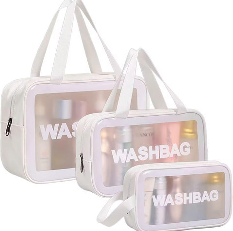 3 Piece Cosmetic Organizer Bag Set - Waterproof Clear Makeup Bags with Zipper and Hand Grip - Shower Travel and Trip Organizer Assorted Sizes - Multicolor