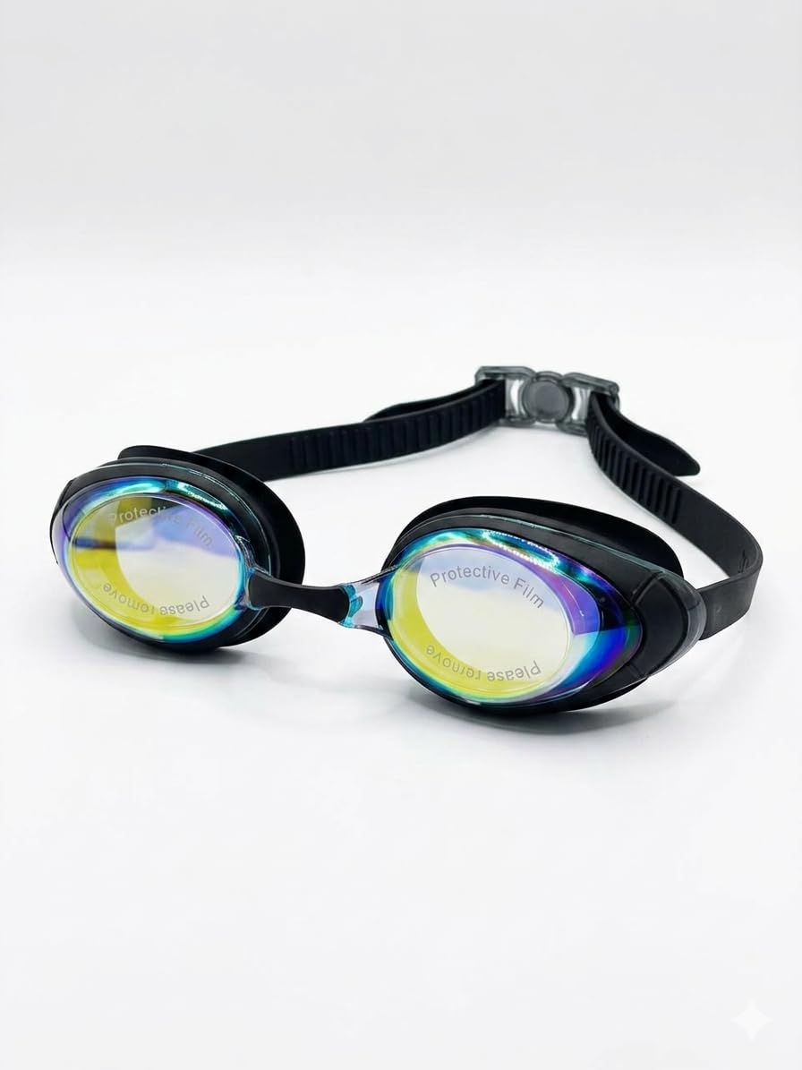 Swimming Goggles with Mirrored Lenses, Adjustable Strap, Anti-Fog, Black, Unisex