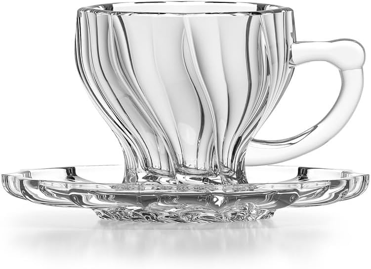 Twist Tea Mug Set | 12 Piece Mug Set 6 Mugs + 6 Serving Plates, Clear | Rolled Wall Tea Cup Set Comes with 190ml Serving Plate