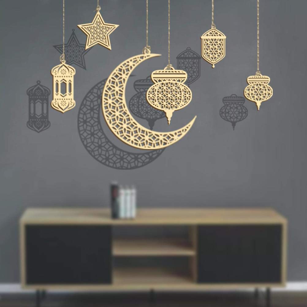 Wooden Pendant Ornament 6 Pieces Ramadan Kareem Decoration, Crescent Moon Stars Style Light Shape Ramadan Eid Mubarak Decorations