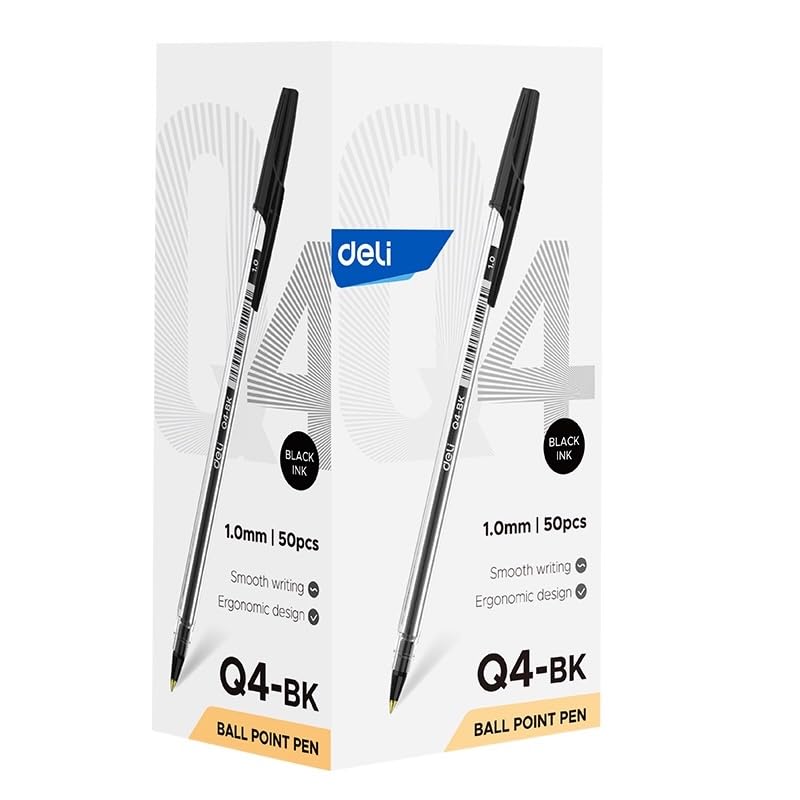 Deli EQ4-BK Ball Point Pen 50-Pieces, 1.0 mm Bullet Tip, Black