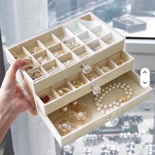 Clear Acrylic Jewelry Box Organizer with 3 Velvet-Lined Drawers, Storage for Earrings, Rings, Necklaces, Watches & Accessories (Beige)