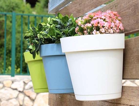 17cm Wall Planter Pot for Vertical Flower Garden or Wall Garden.Plastic Planter Pot Wall Mounted Flat Back Design and Connected Saucer 4 Pieces, Yellow (Orange)