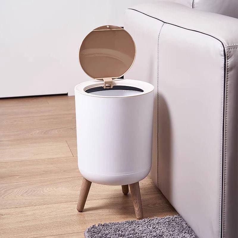 Stylish Trash Can with Lid, White, Wooden Base, Modern Design, Trash Can for Home and Office
