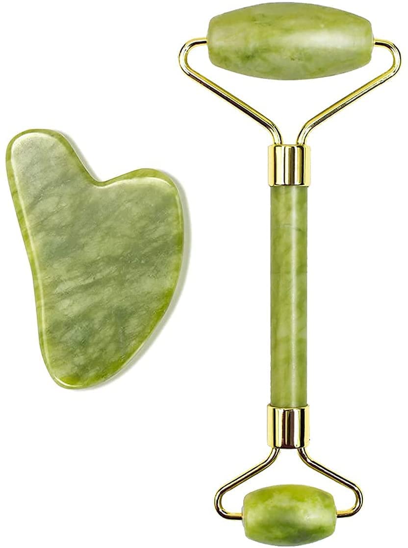 White Leaf Jade Roller & guasha Facial Tool Original, Roller Face Massager for Women Men face Roller Jade Roller and gua sha Set Jade Stone Facial Roller for Face Eye Neck Foot Massage, Skin Care