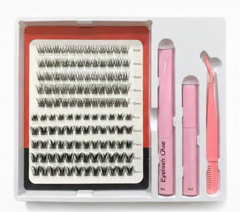 DIY Lash Extension Kit, Individual Lashes with Lash Glue Bond and Seal, 240Cluster Lashes 8~12mm Natural Look Lash Clusters False Eyelash Extension Kit+eyelash remover (mix)- 2 shape