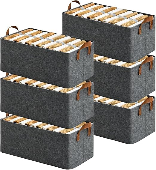 Large Storage Bins with Handles, Grey Fabric Container Box Set, 6-Pack Collapsible Organizer for Clothes, Home Organization,Large Fabric Storage Baskets for Shelves