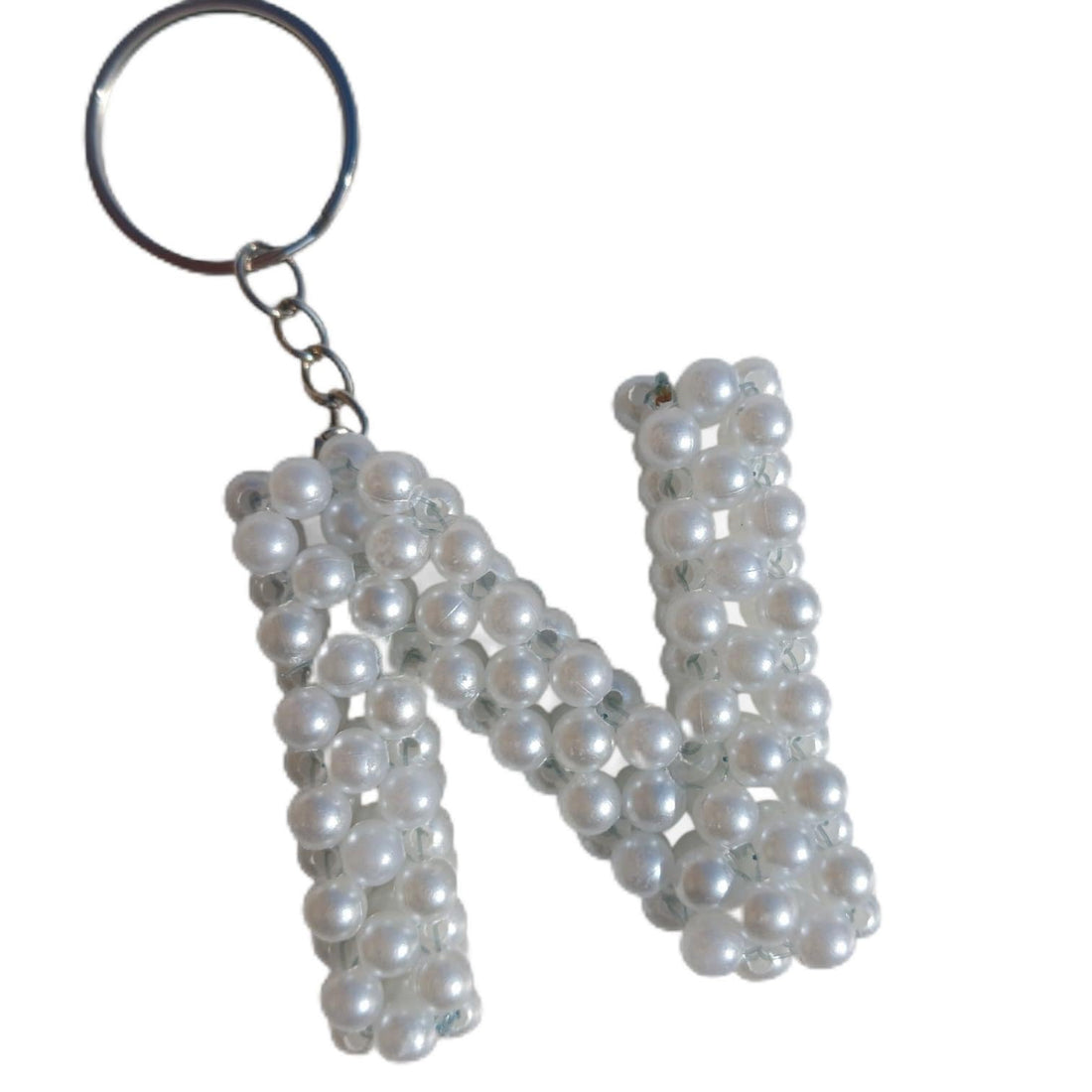Handmade Letter N Keychain White Imitation Pearl Shiny Silver Metal Ring Fashion Accessory for Bags Keys