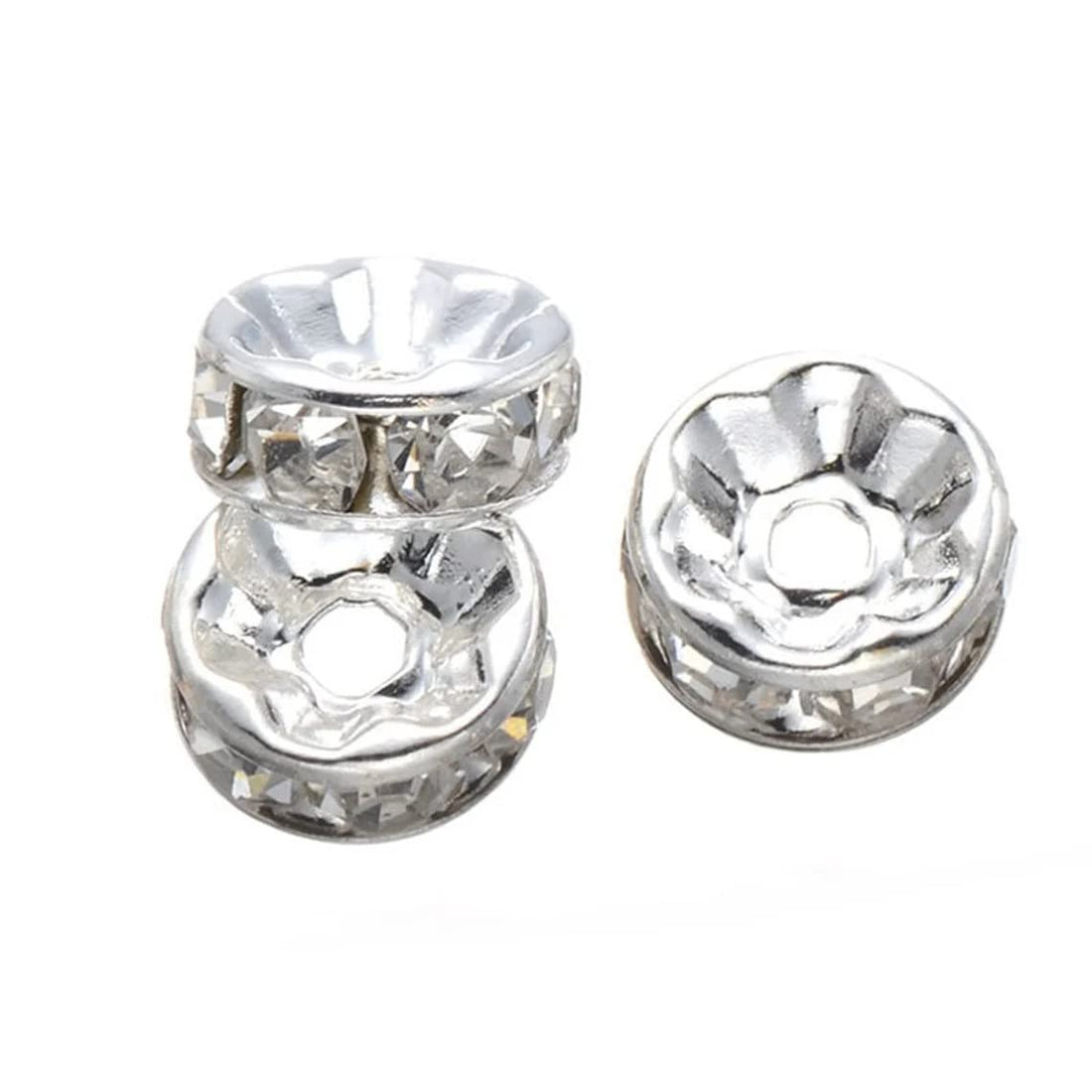 Perlin 50x Crystal Rhinestone 6 mm Rondelle Spacer Beads Round Tone Silver-Coloured Brass Metal Pearl Beads A Quality Rhinestone R41