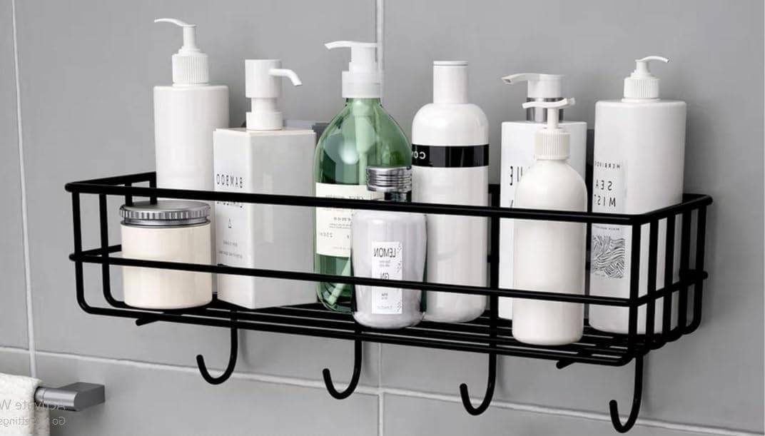 Self Adhesive Bathropom Shelves with Hooks, Shower Caddy Shelf Organizer, No Drilling Wall Mount Shower Storage Accessories