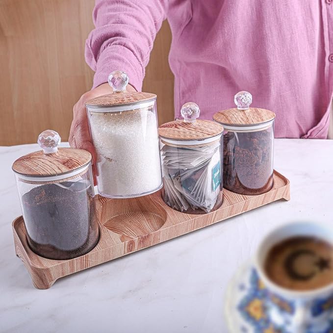 Acrylic Spice Jar Set of 4 Seasoning Box Set - Acrylic Containers with Bamboo Lids, Spoons, and Base - Perfect for Kitchen, Coffee Bar, and Home - Ideal for Sugar, Spice, and Salt Serving and Coffee