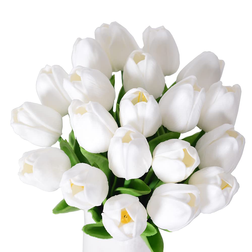 Pack of 20 Tulips Artificial Like Real Touch Artificial Flowers Tulips Artificial Flowers for Home Outdoor Wedding Bridal Bouquet Decor (White)