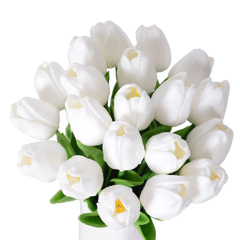 Pack of 20 Tulips Artificial Like Real Touch Artificial Flowers Tulips Artificial Flowers for Home Outdoor Wedding Bridal Bouquet Decor (White)
