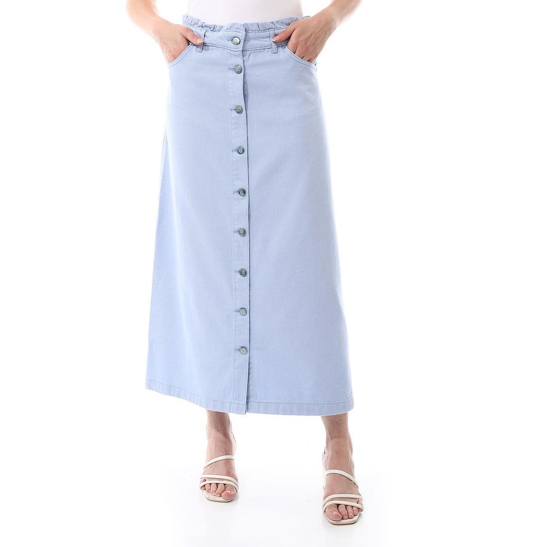 Button Front Gabardine Maxi Skirt, Light Blue, A-Line, Ankle Length-6388