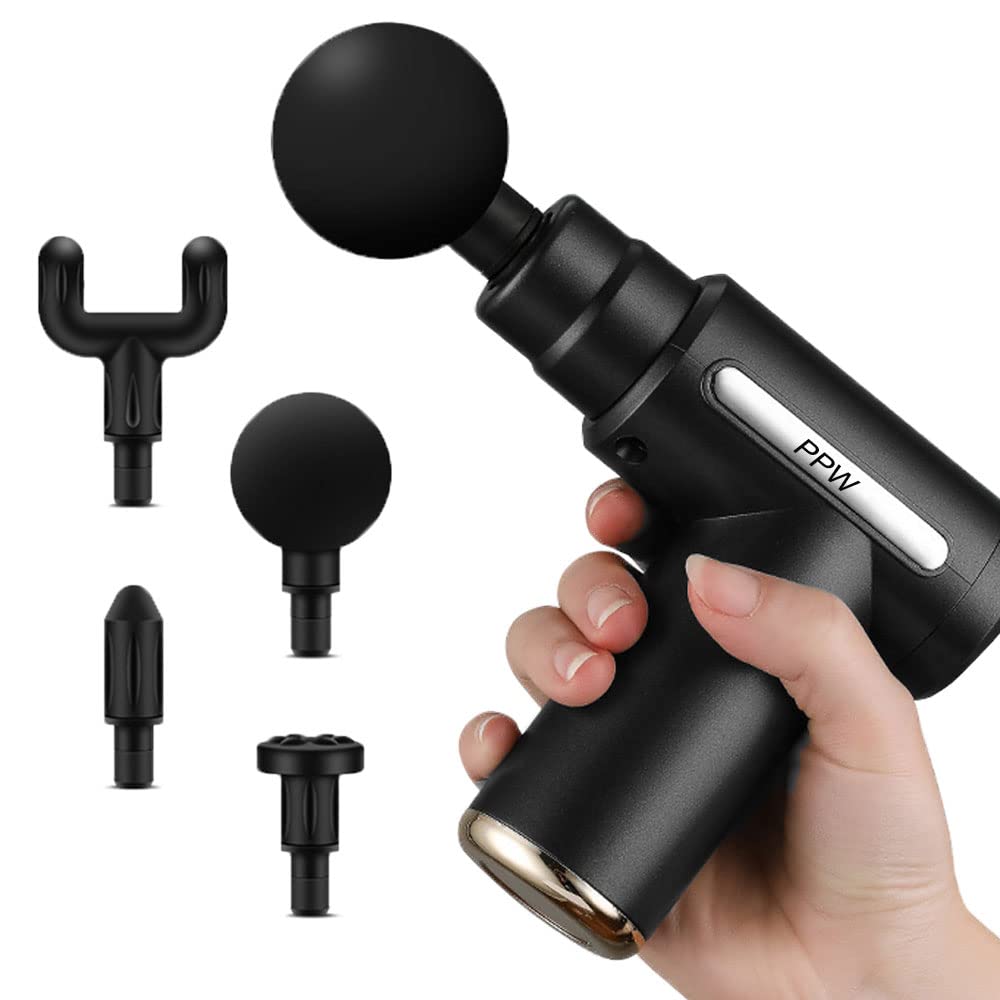 PPW Mini Massage Gun Deep Tissue Light Massage,USB Recharge,4 Massage Heads,Travel Home Handheld Electric Massagers for Body Muscle Relax 6 Modes (Black)