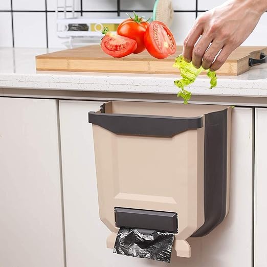 Hanging Kitchen Trash Can with Garbage Bag Storage, Foldable Large Simple Human Trash can, Collapsible Garbage Bin for Bedroom Bathroom Office Dorm Room Drawer Car (Brown)